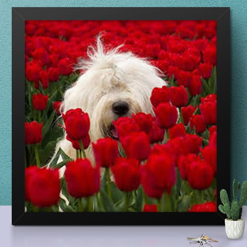 Beautiful Puppy And Red Flowers